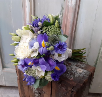 Blue and White Hand Tied Posy - Neat, tied posy of white and blue flowers.

Summer is the main time my Blue and White Posy is available. It is a very pretty hand-tied bouquet in shades of white, ivory, lilac and blue, arranged in a neat tied style, ready for the recipient to put straight into their own vase. The varieties of flowers will reflect the season and so will vary from month to month. Varieties often include lisianthus, eryngium thistle, iris, hyacinths, roses, limonium, ammi, delphiniums and agapanthus to name but a few. A little foliage will be included, often being eucalyptus for it's lovely fresh fragrance and grey-green colour.

Posies like this will be wrapped in paper, tissue or cellophane to protect your gift until it is delivered to the recipient. We will tie it with a suitable ribbon or raffia tie to complete the look.

We can change the colourscheme from White/Blue to any scheme with flowers that we have available, so please pop your alternative preference in the comments box on the online order form.